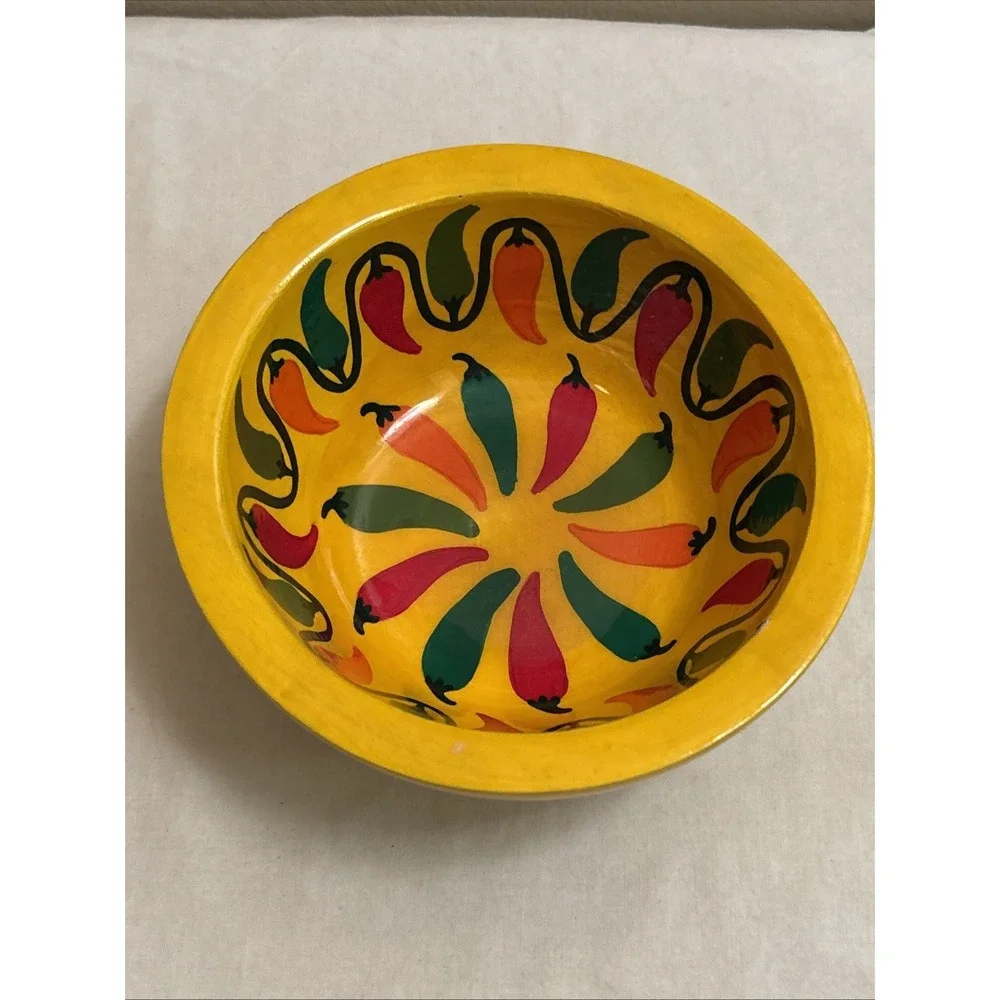 Pedro Marcos Signed Mexican Folk Art Hand Painted Wood Chili Pepper Bowl Yellow